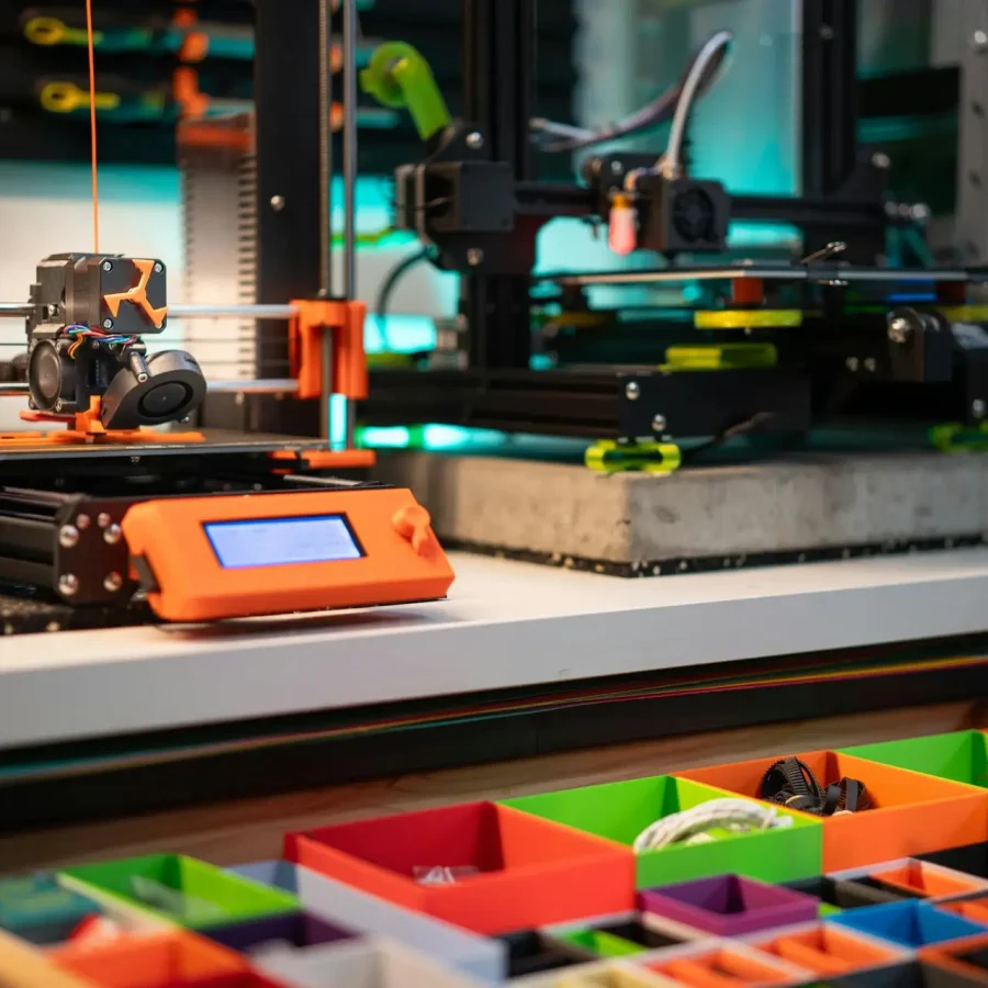 Vibrant 3D printing station showcasing modern equipment and organized storage boxes.